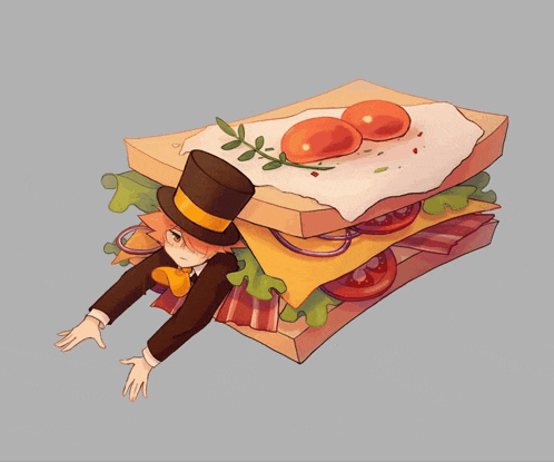 a man in a top hat is sticking his head through a sandwich