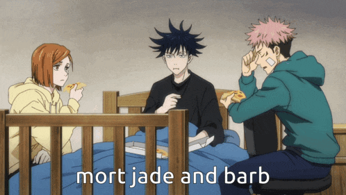 a group of anime characters with mort jade and barb written in the corner