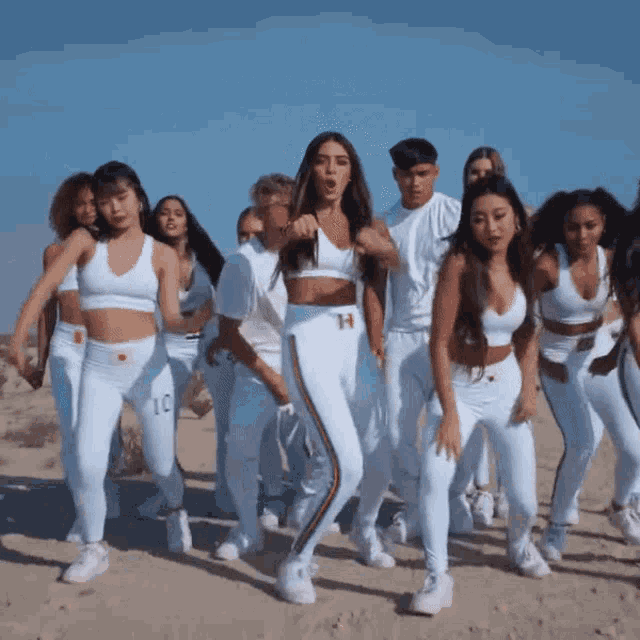 a group of people are dancing in the desert and one of them has the number 10 on their shirt