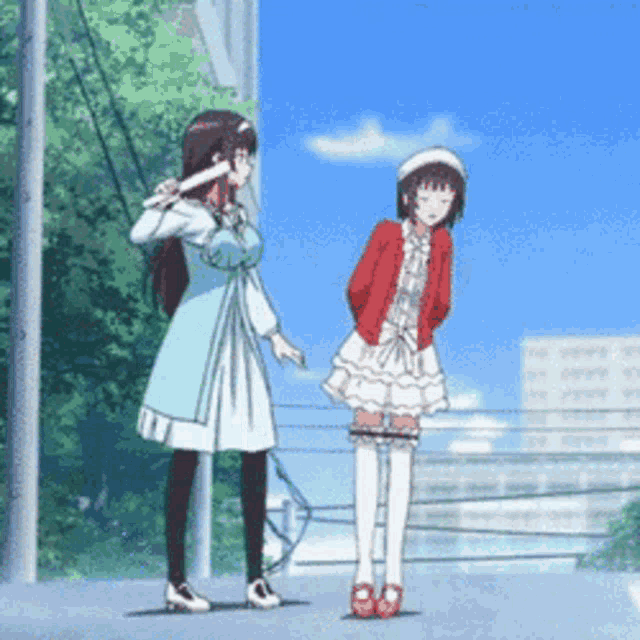 two anime girls are standing next to each other with one wearing a red jacket
