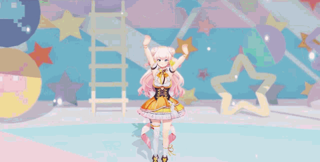 a girl with pink hair is dancing in front of a colorful background with chinese writing on it
