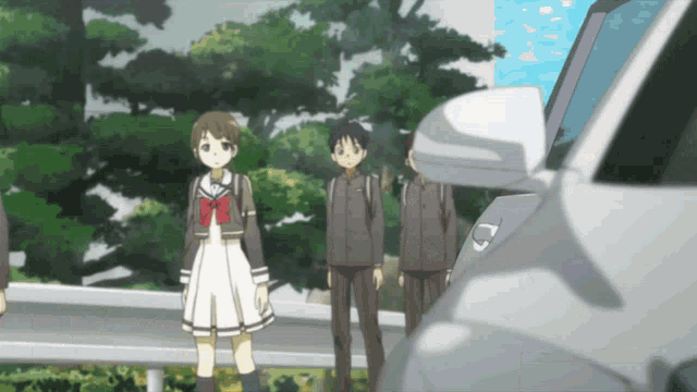 a group of anime characters standing next to a car with the letter c on the side
