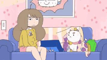 a cartoon of a girl sitting on a couch with a laptop