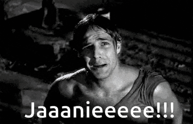 a man is crying in a black and white photo with the words `` jaaanieeee !! '' written on it .