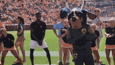 a group of cheerleaders are dancing in front of a mascot wearing a shirt that says t on it