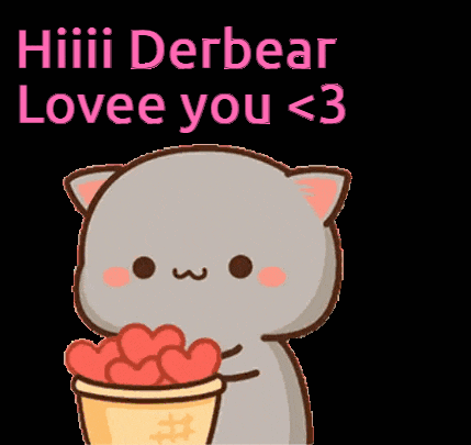 a cartoon cat is holding a bucket of hearts and says hi ii derbear lovee you < 3