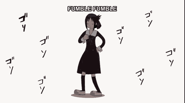 a cartoon of a girl in a black dress dancing with the words fumble fumble written above her .