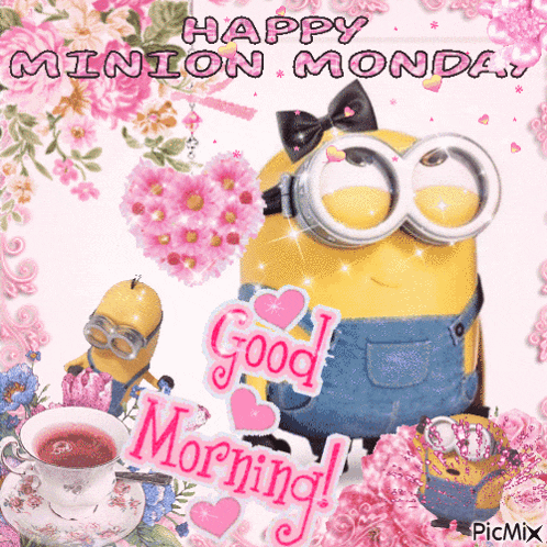 a picture of a minion saying happy monday good morning