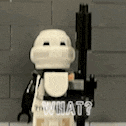 a lego storm trooper is holding a gun and says what ?