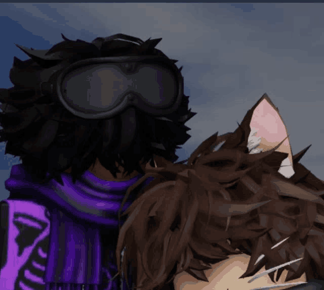 a person wearing goggles and a purple scarf is next to another person