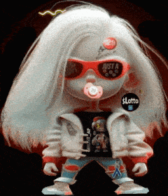 a doll with sunglasses and a pacifier has a sign that says just a lotto on it