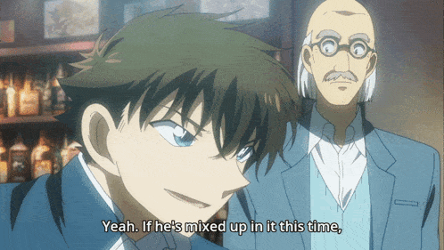 a man in a suit says " yeah if he 's mixed up in it this time " next to another man