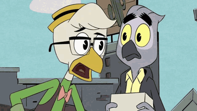 a cartoon of a duck and an owl talking