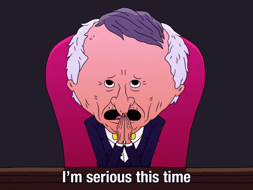 a cartoon of a man sitting in a chair with the words i 'm serious this time above him