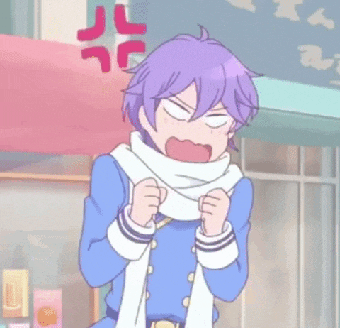 a boy with purple hair is wearing a scarf and a blue jacket .