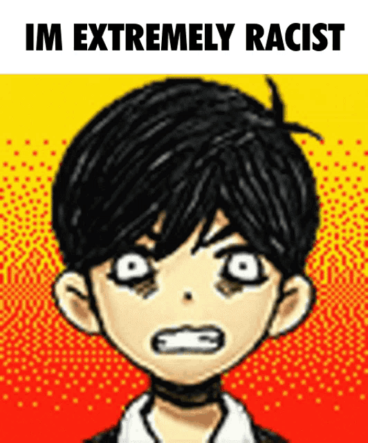 a pixel art of a boy with the words " im extremely racist " below him