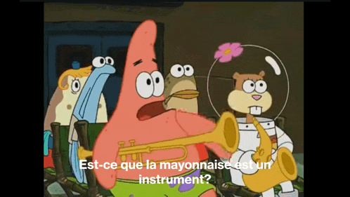 patrick star is playing a trumpet while spongebob and sandy cheeks look on