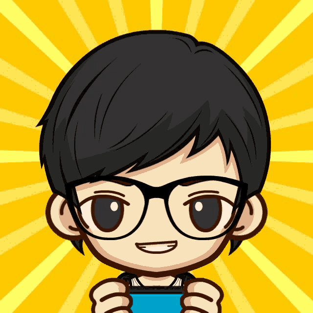 a cartoon drawing of a boy with glasses holding a video game controller