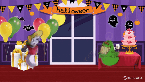 a halloween party with balloons and a cake on a table