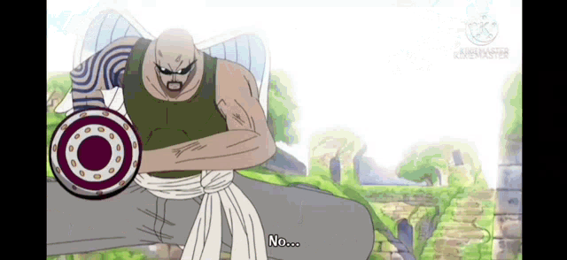 a man in a green tank top is holding a shield in his hand and says no .