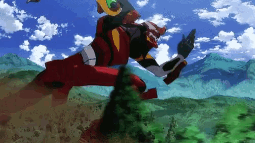 a robot is flying through the air while holding a gun in front of a mountain range .