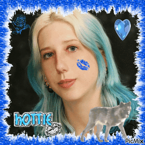 a picture of a woman with blue hair and the word hottie on the bottom