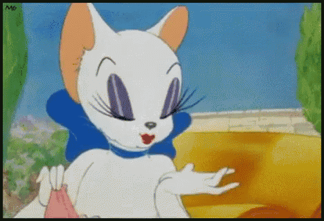 a cartoon of a white cat with purple eyes and a blue collar