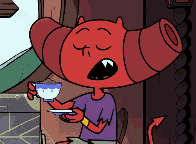 a red cartoon character is holding a cup of tea