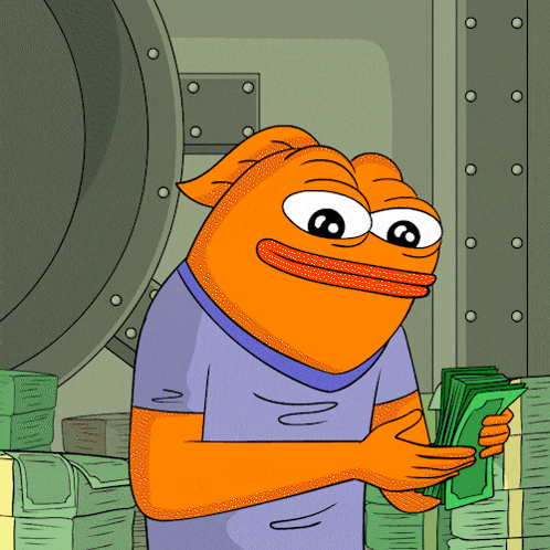 a cartoon character holding a pile of money