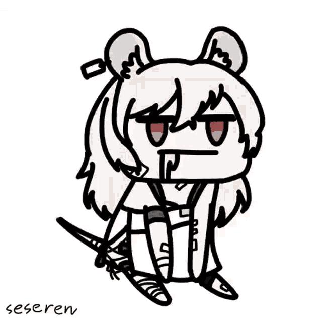 a cartoon drawing of a girl with a sword in her hand and ears .