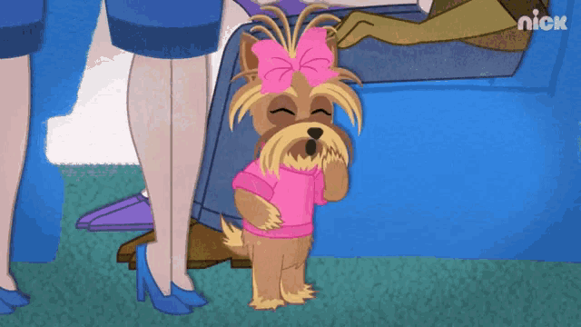 a cartoon dog wearing a pink sweater and a pink bow is standing next to a woman