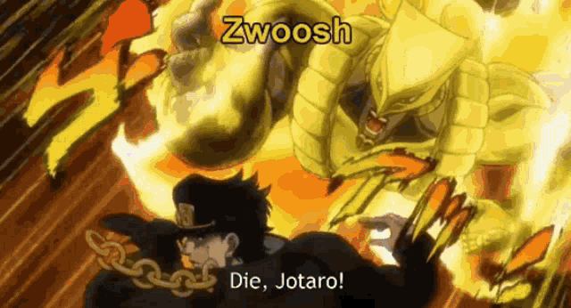 a cartoon of a man and a monster with the words " zwoosh die jotaro " on it
