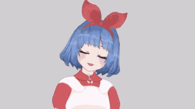a girl with blue hair and a red bow on her head says ' a ' on the bottom right