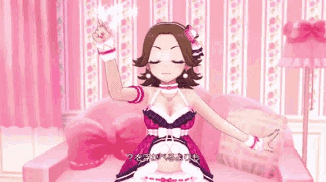 a girl in a pink dress is sitting on a couch with her eyes closed