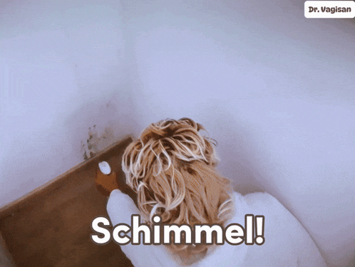 a woman in a white robe is cleaning a wall with the words schimmel written above her
