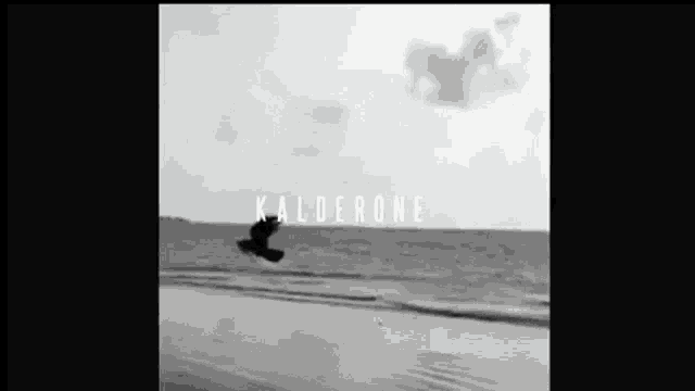 a black and white photo of a person flying over a beach with the word kalderone on the bottom right