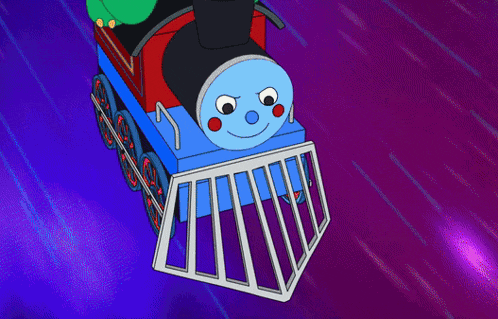 a cartoon drawing of a blue train with a face on it