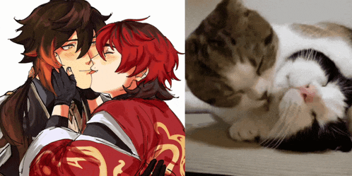 a drawing of two people kissing next to a picture of a cat sleeping