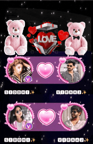 a couple of pink teddy bears with the word love on top