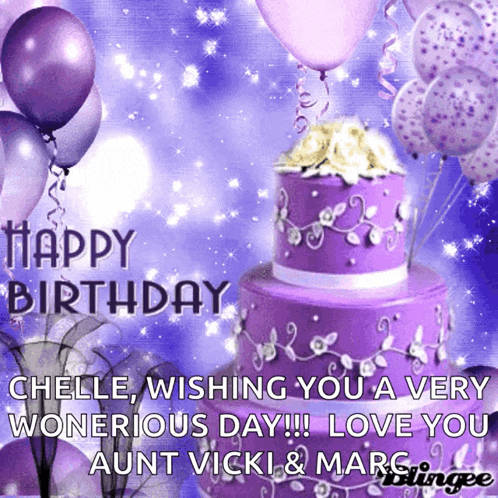 a birthday card with purple balloons and a purple cake says happy birthday