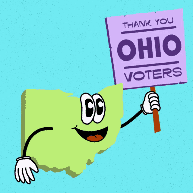 a cartoon drawing of ohio holding a sign that says thank you ohio voters