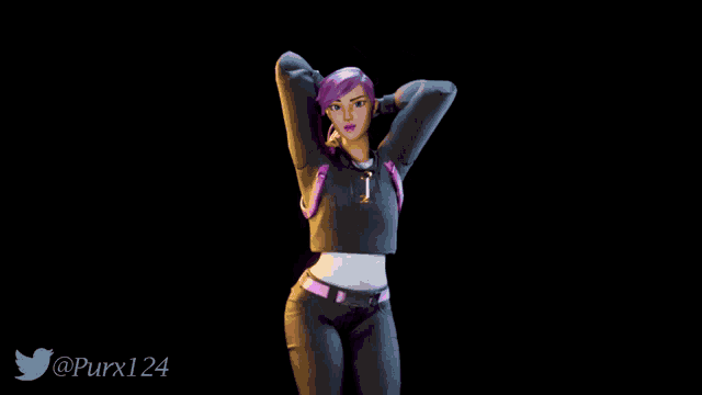 a woman with purple hair is standing in front of a purple background with the twitter username purxi24