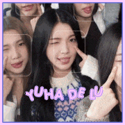 a group of girls are posing for a picture with the words yuha de lu written on the bottom
