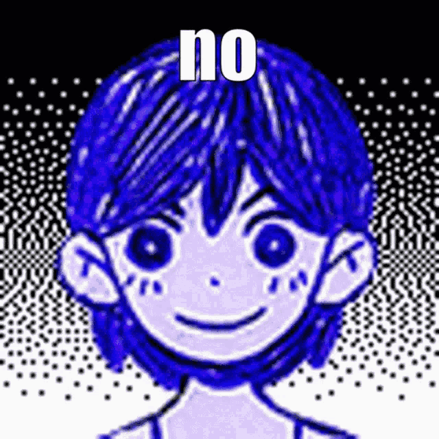 a cartoon character with blue hair is smiling and says no