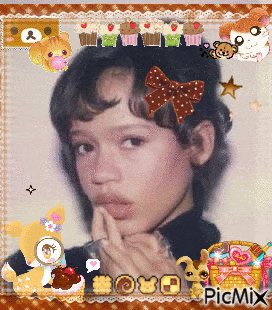 a picture of a girl with a bow in her hair is surrounded by cupcakes and animals and says picmix