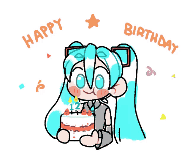 a cartoon drawing of a girl holding a birthday cake with the words happy birthday above her