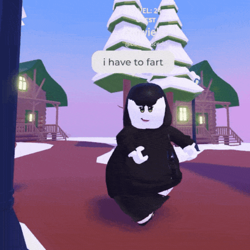 a cartoon character says i have to fart in a snowy scene