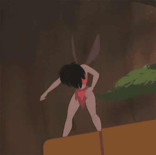 a cartoon of a girl with horns standing next to a green leaf