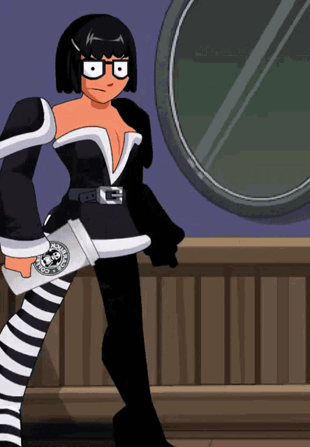 a cartoon character is holding a coffee cup that says starbucks