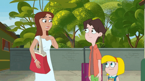 a cartoon shows a woman talking to a man and a girl